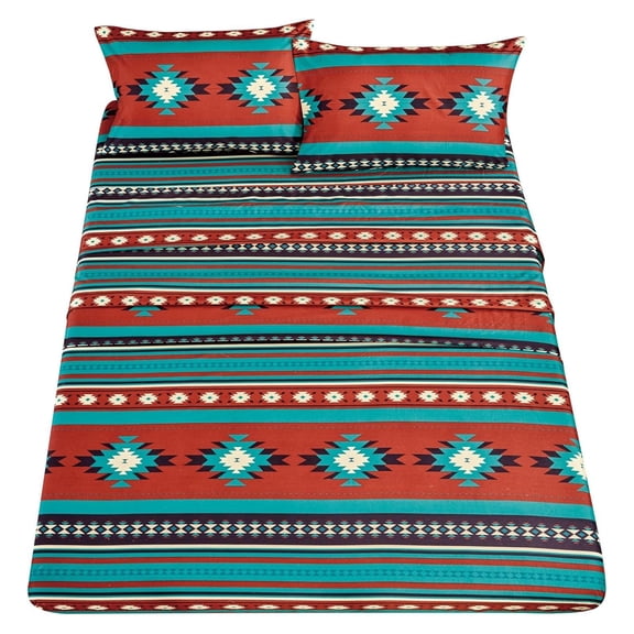 Prescott 4-Piece Southwestern Geometric Tribal Multicolor Red Teal Beige Sheet Set, Queen Size