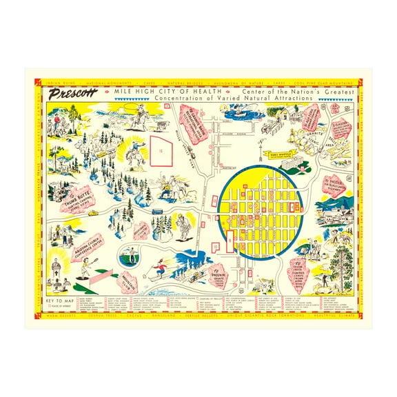 Prescott Art, 1950 Vintage Map of Prescott Arizona, AZ History Wall Decor Gift, Old Prescott Map - 24" x 18" Unframed Print