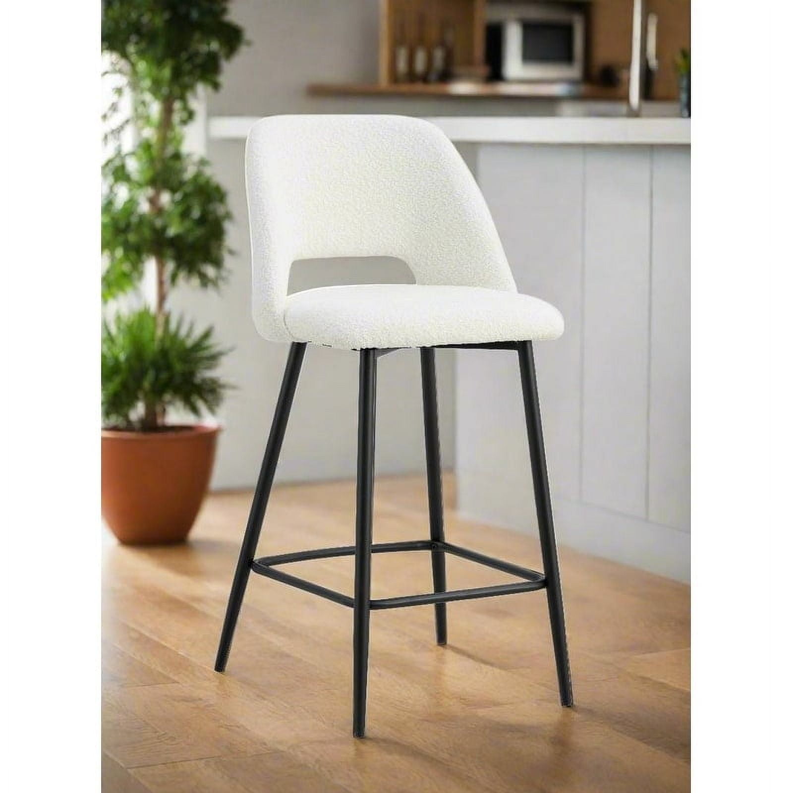 White Boucle Upholstered Counter Stools with Black Metal Legs, Set of 2
