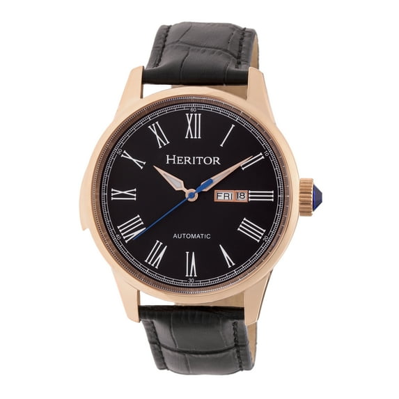 Prescott Leather-Band Watch W/ Day/Date - Rose Gold/Black