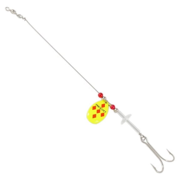 Prescott Spinner Strip-On Rig 6" Leader 1-1/4" Prescott Blade 2/0 Hook-Yellow/Red 5 of Diamonds