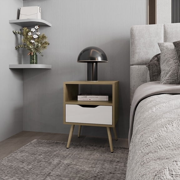 Prescott Valley Nightstand by FM FURNITURE - Natural Oak & White, Open Storage & Scratch-Proof