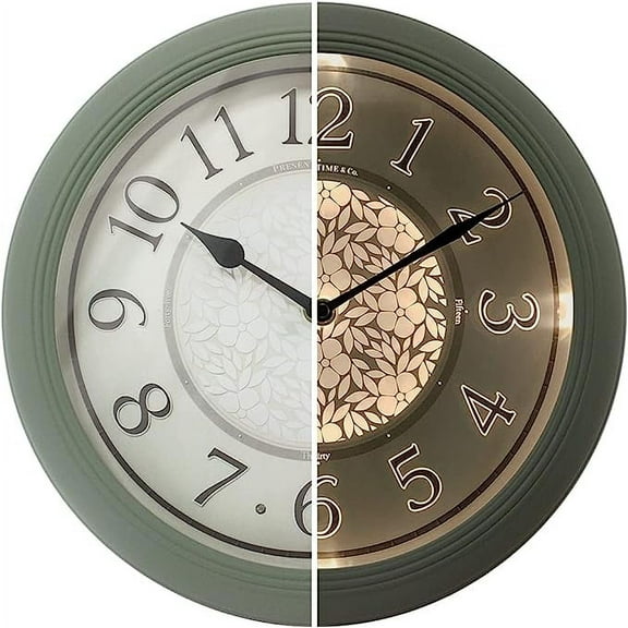PresenTime & Co 12.6" Indoor Luminous Clock, Silent no ticking, Paris sage green, Lighted Clock with Smart Sensor to turn on/off lights in Low/bright light.