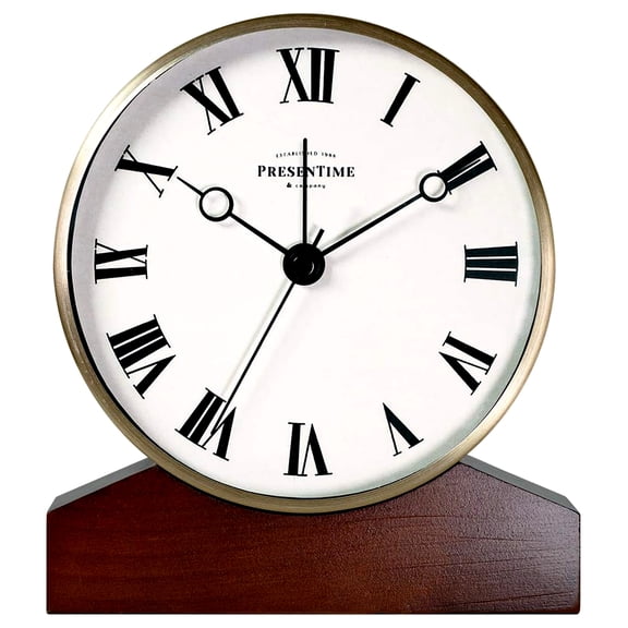 PresenTime & Co Mozart Mantel Alarm Clock, Tabletop Clock, 6 x 5.5 inch, Silent, Wooden Base, Walnut Finish, Golden Color, Roman Numeral