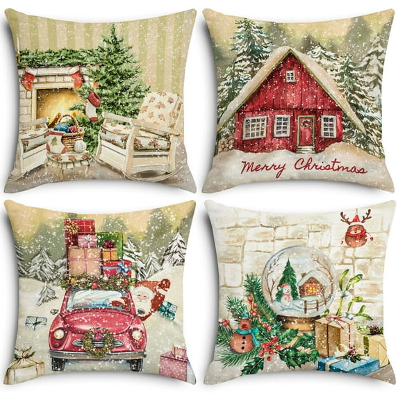 Presence 4PCS Vintage Christmas Pillow Covers 18 Inches, Soft Polyester & Cotton  Linen White Winter Throw Pillow Covers , Indoor Christmas  Decorations Props Xmas Gift