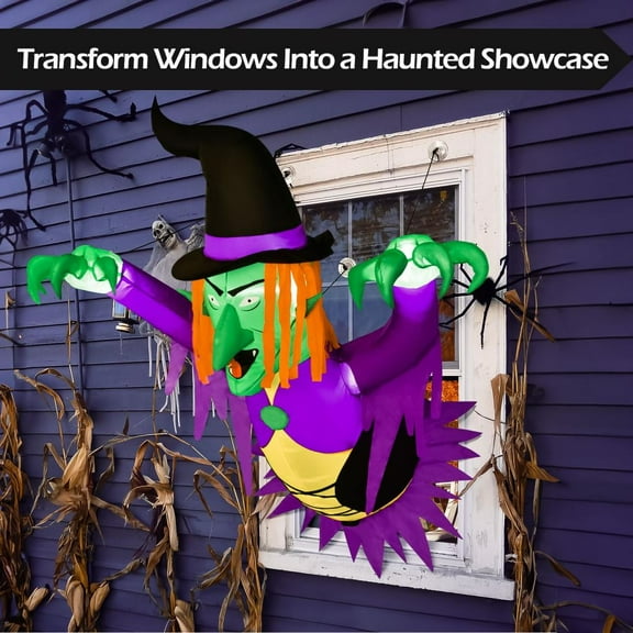Presence Broke Out from Window, Halloween Blow up Witch with Built-in LED Light,Halloween Inflatable Decorations