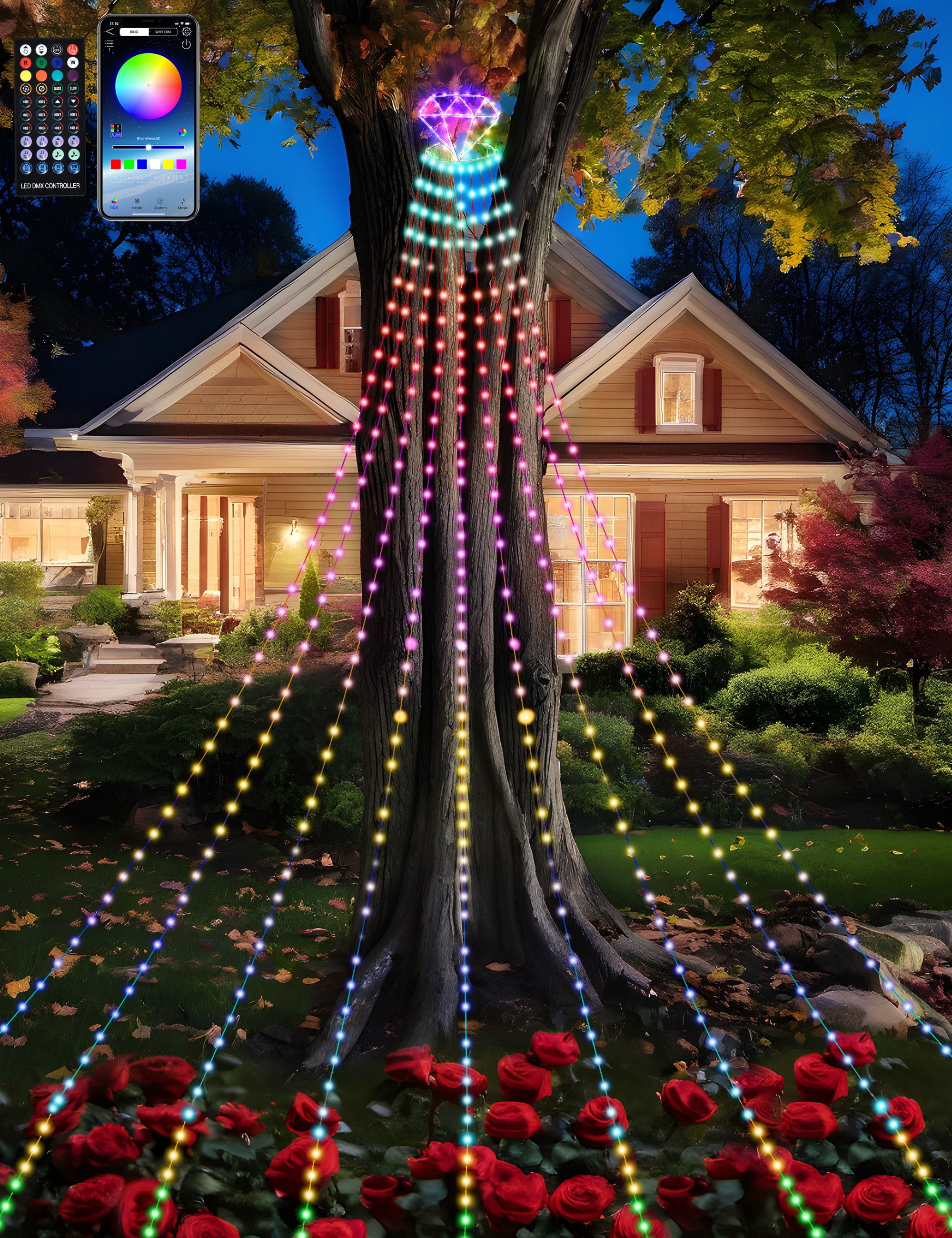 Presence Valentine Dimond Waterfall String Lights, RGB ColorChanging