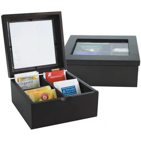 PresenceHHH Wood Tea Chest - Durable & Luxury Wooden Tea Storage Box with 4 Compartments & Glass Lid - Sturdy Tea Containers for Tea Bags & Home Decor – (Black - 18x18x8cm)