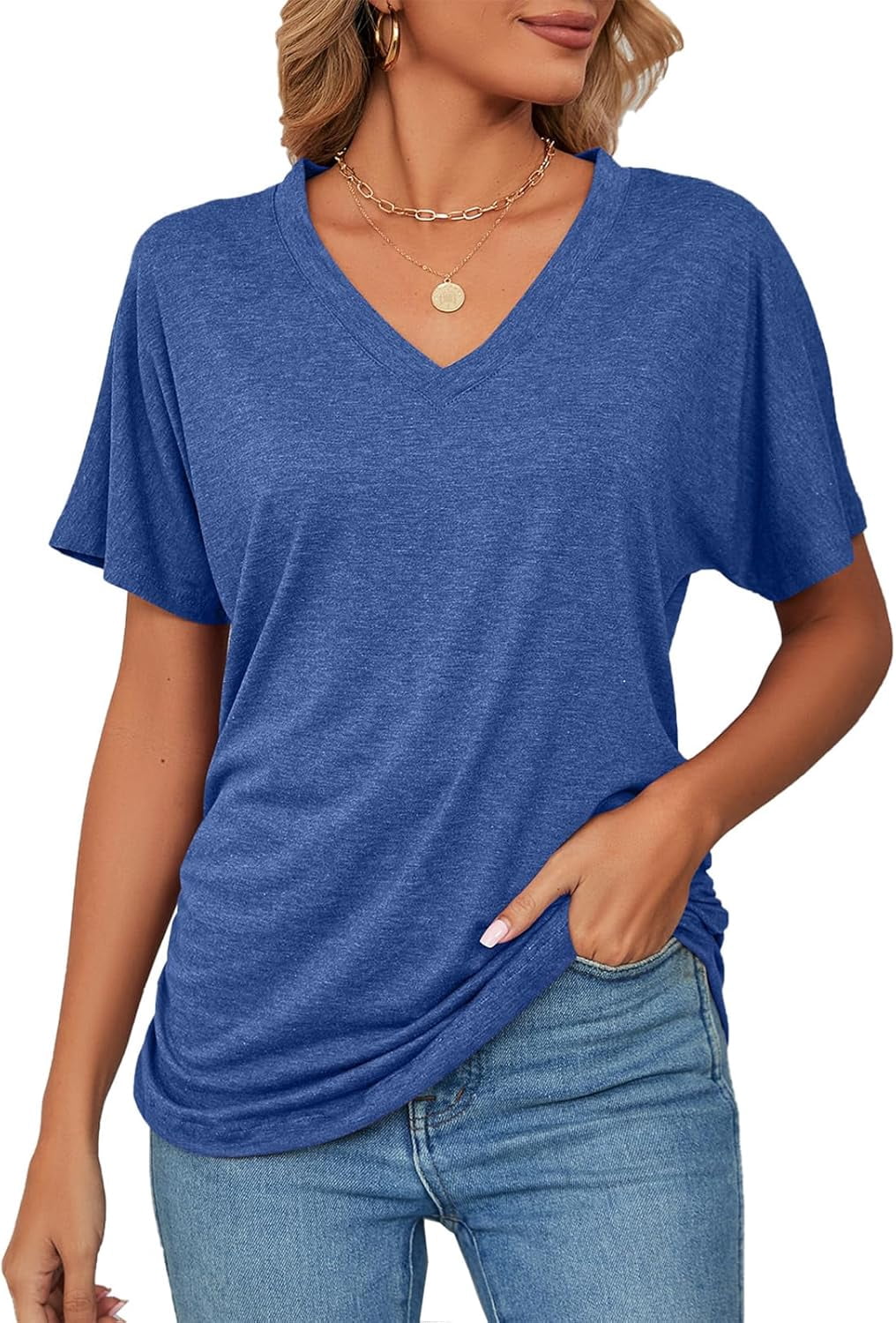 Women's V-Neck Half Sleeve T-Shirt - Oversized Cotton Blend Casual Top | Loose Fit Tunic Basic Tee For Summer