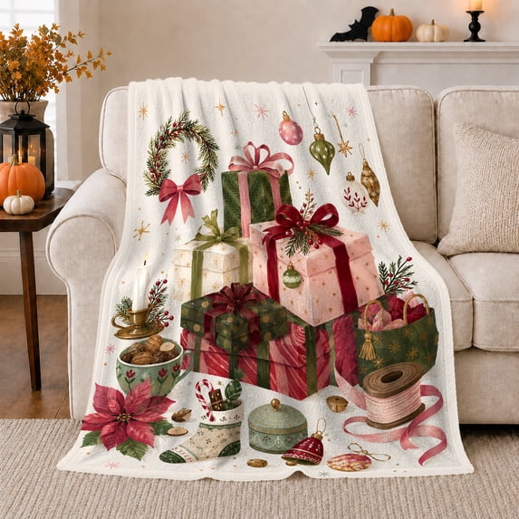Present Boxes with Wreath and Candle, Festive Vintage Style for Holiday Lovers, Cozy Poinsettia Still Life, Flannel Blanket for Living Room and Guest Room, Christmas Gift and Elegant Home Decor