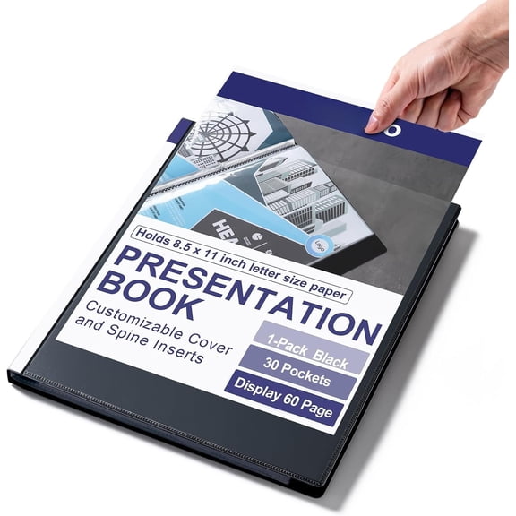 Presentation Binder 30-Pocket,Displays 60 Pages, 8.5x11 Presentation Folders with Plastic Sleeve,Customizable Cover, Storage and Organizer for Documents, ,Photos,Recipes (Black)