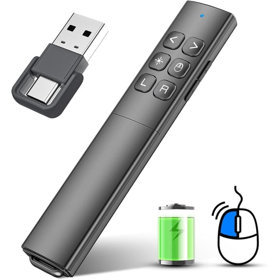 Presentation Clicker with Air Mouse, RF 2.4GHz PowerPoint Clicker for PPT | Rechargeable Wireless Presenter Remote, 2-in-1 USB Type C Presentation Clicker Slide Advancer,Black