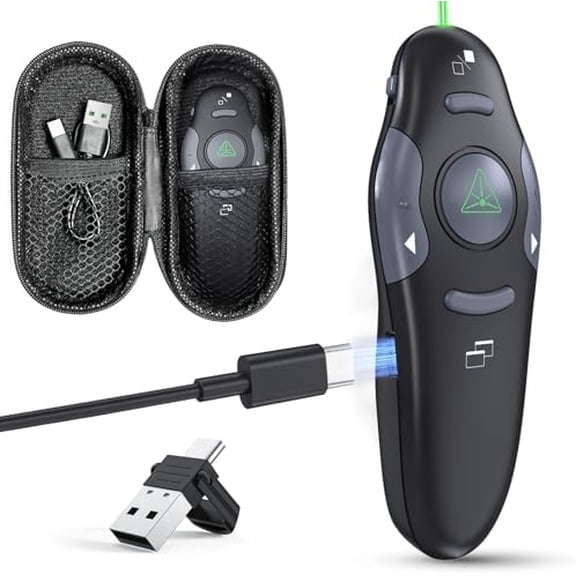 Presentation Clicker with Case Storage Wireless Presenter Remote USB Type C Rechargeable Green Laser Pointer PowerPoint Clickers for Computer Mac Project PPT Slideshow Google Slide Advancer