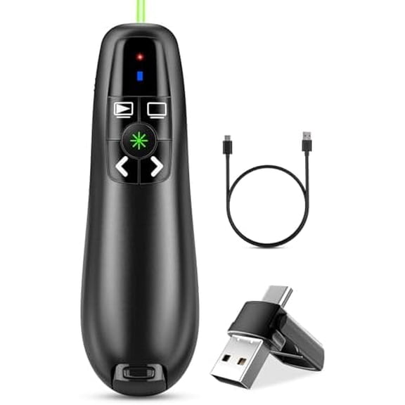 Presentation Clicker Wireless Presenter Remote Clicker, 2-in-1 USB C USB A Clicker for PowerPoint Presentations, Rechargeable Presentation Clicker with Green Light Pointer, Clicker for Class, Meeting