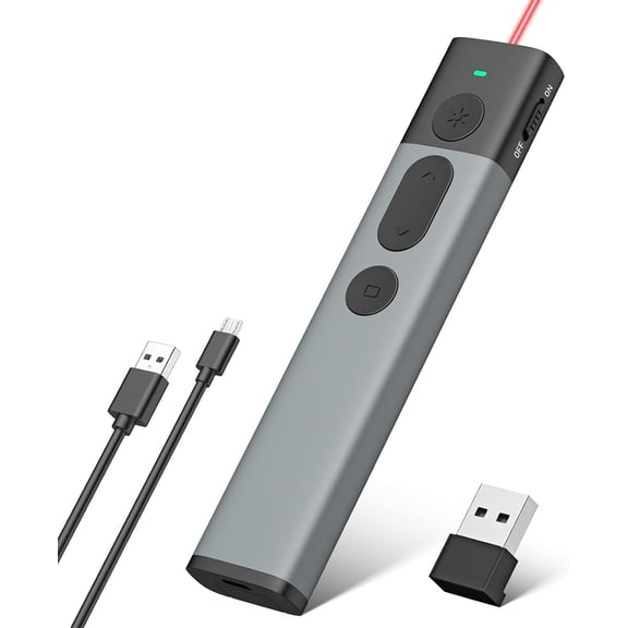 Presentation Clicker Wireless Presenter Remote - Rioicc Rechargeable Aluminum PowerPoint Clicker with Red Laser, Plug & Play Laser Pointer for Mac/OS/Keynote/Prezi/Google Slides/Windows/Linux