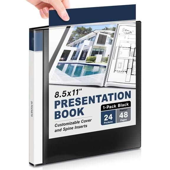 Presentation binder 24 pocket portfolio, holds 48 pages, 8.5x11 document organizer with plastic sleeves, ideal for , photos, projects, business meetings, black