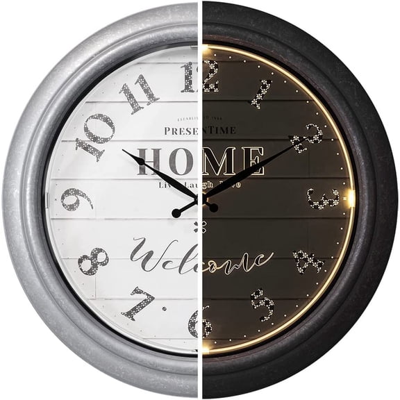Presentime & Co 18" Vienna Modern Farmhouse Luminous Indoor/Outdoor Clock, Shiplap Style, Galvanized Silver Finish, Night Light with Smart Sensor, Wall Decoration, Outdoor Lights & Decoration.