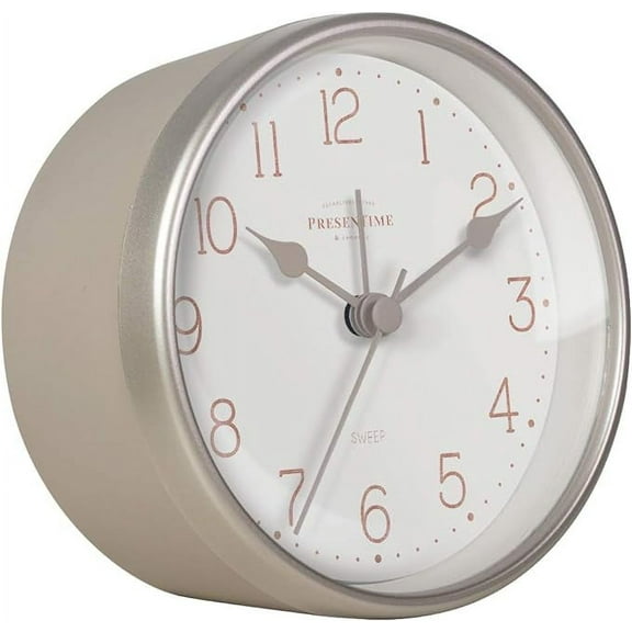 Presentime & Co 4" Chic Home Tabletop Alarm Mantel Clock, Desk and Shelf Clock, Silent no Ticking, Warm Gray and Chic Silver Finish. Tabletop Décor, Home Décor