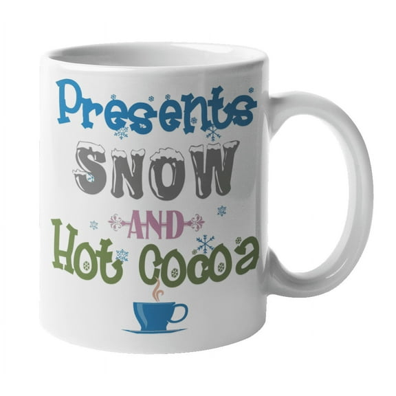 Presents, Snow & Hot Cocoa Christmas Coffee & Tea Mug Cup, Dinnerware, Stuff, Treats Organizer, Decor, Utensils, Items, Merchandise, Containers, Novelties, Party Favors & Stocking Stuffers (11oz)