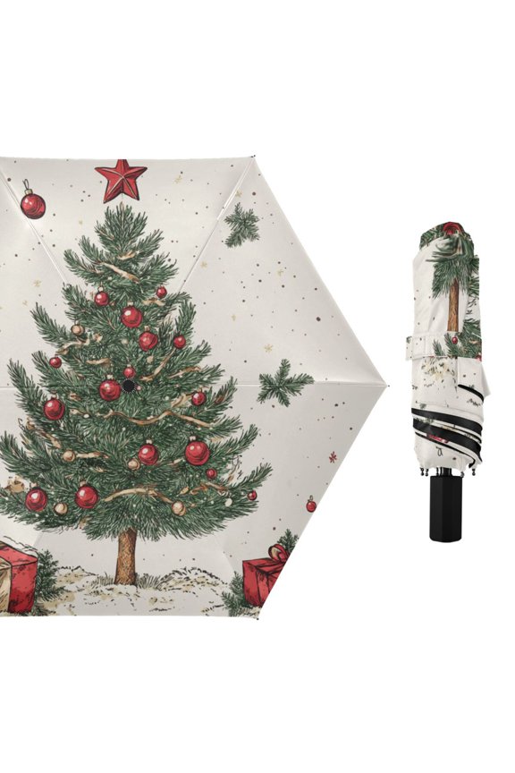 Presents under Christmas Trees Leaves All Weather Umbrella Triple Folding Parasol 6 Ribs UV Protection Portable