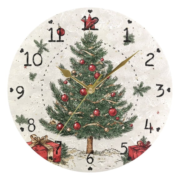 Presents under Christmas Trees Leaves Round Wall Clock Silent Analog Battery Operated Gold Pointer Home Decor 9.84" Diameter