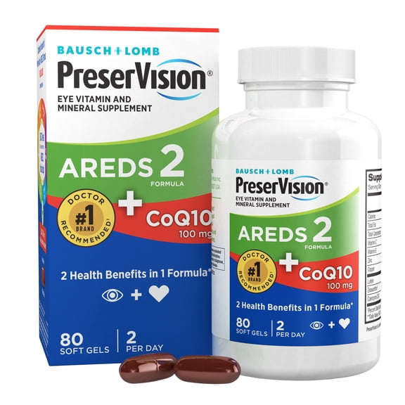 PreserVision AREDS 2 Eye Vitamins with CoQ10 for Heart Health, Lutein, Zeaxanthin, Vitamin C & E, Zinc, Copper, 80 Softgels