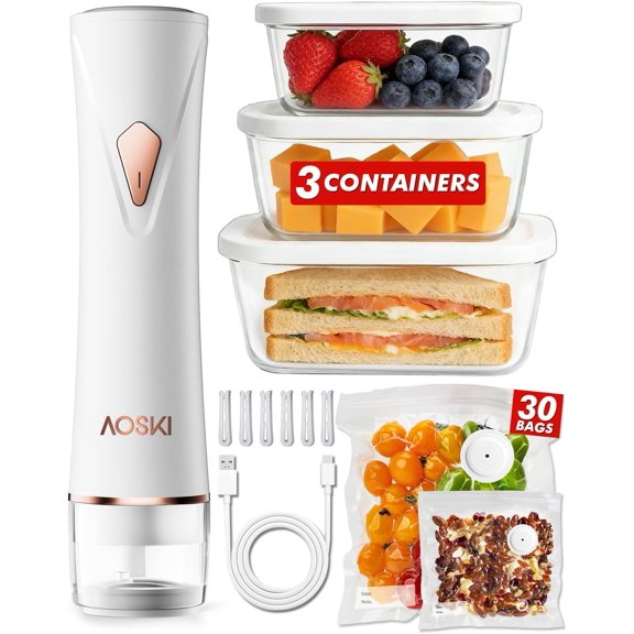 Preserve Compact Vacuum Sealer for Food: Handheld Portable Vacuum Sealer Machine + 3 Glass Vacuum Containers + 30 Vacuum Sealer Bags, Powerful Food Storage for Seal Meal Saver Fridge Sous Vide