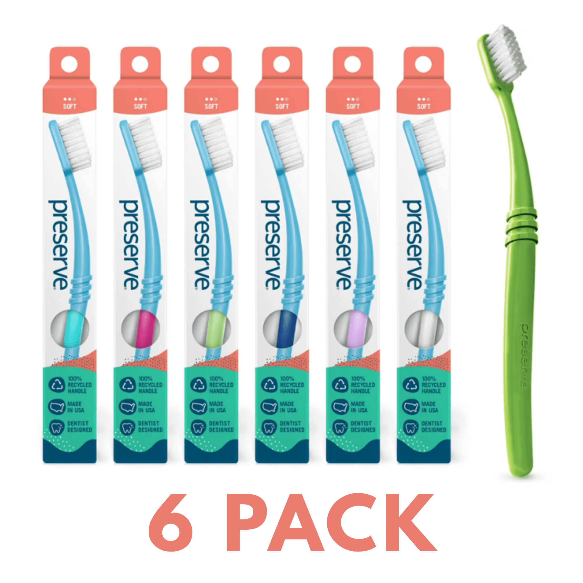 Preserve Eco-Friendly Adult Manual Toothbrush, Soft Bristle, 6 Pack, Assorted Colors