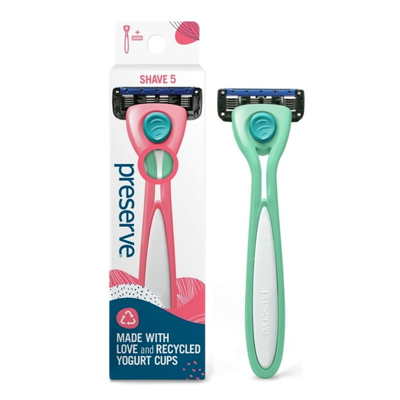 Preserve Shave 5 Refillable Manual Razor Recycled Plastic Eco-Friendly Unisex Handle + 1 Cartridge, Neptune Green