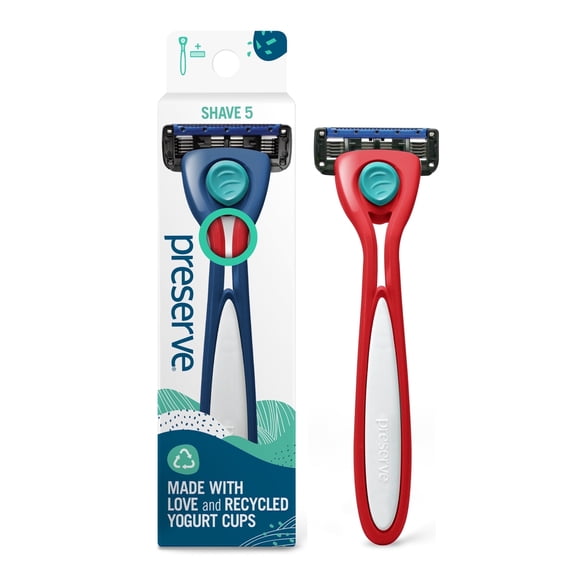 Preserve Shave 5 Refillable Manual Razor Recycled Plastic Eco-Friendly Unisex Handle + 1 Cartridge, Poppy Red