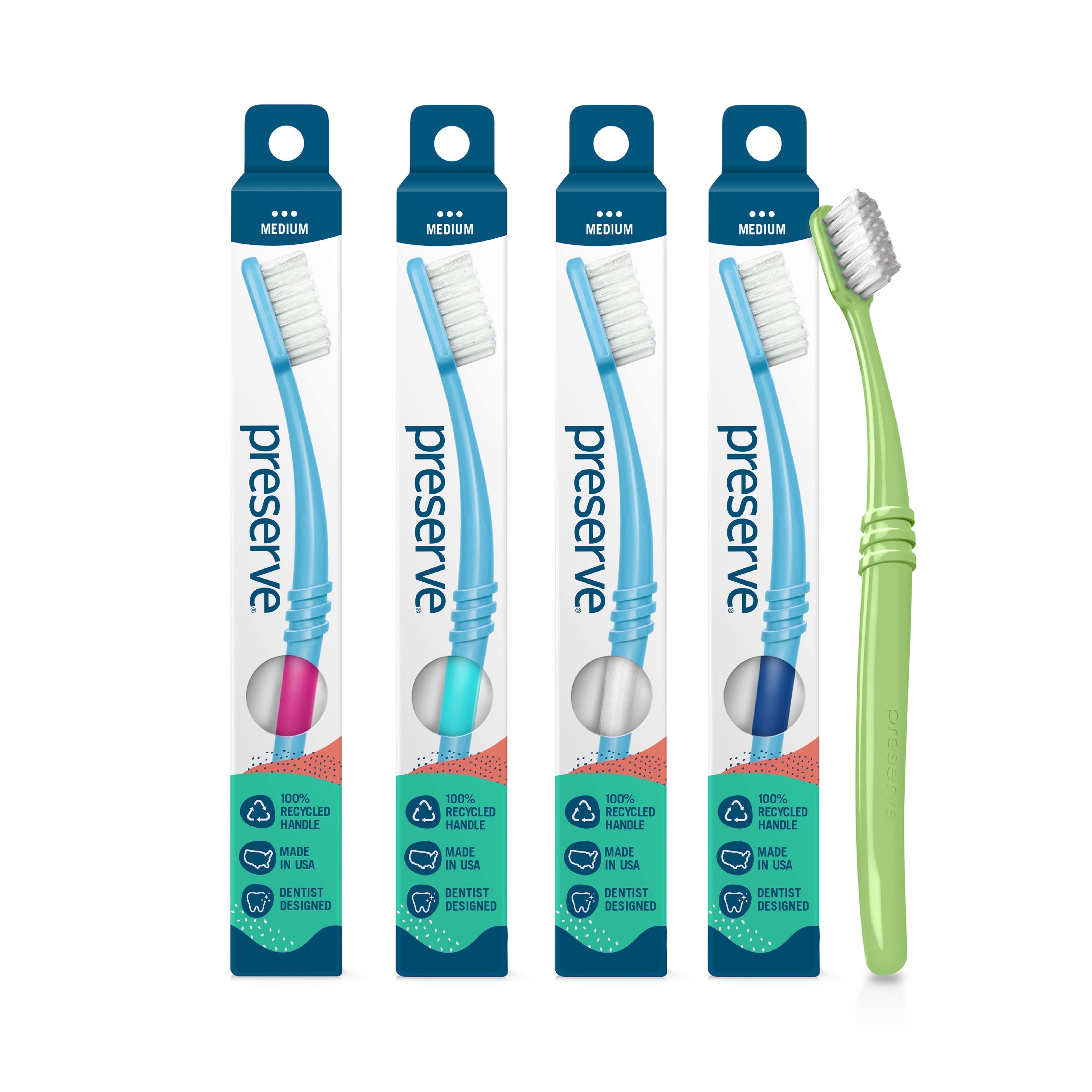 Preserve Adult Manual Toothbrush Medium Bristles Recycled Plastic 4 Pack
