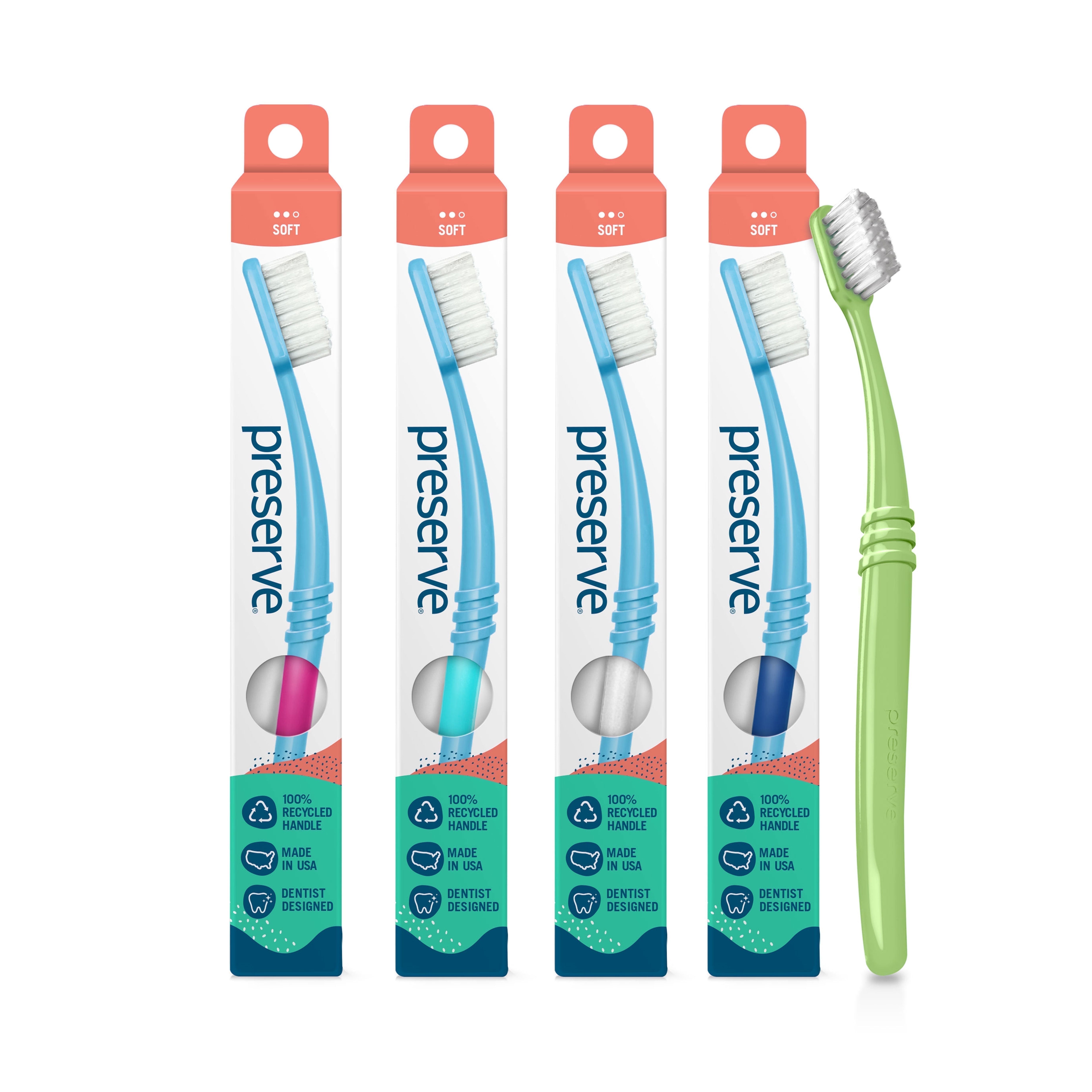 Preserve Eco-Friendly Adult Manual Toothbrush, Soft Bristles, Assorted Colors, 4 Pack