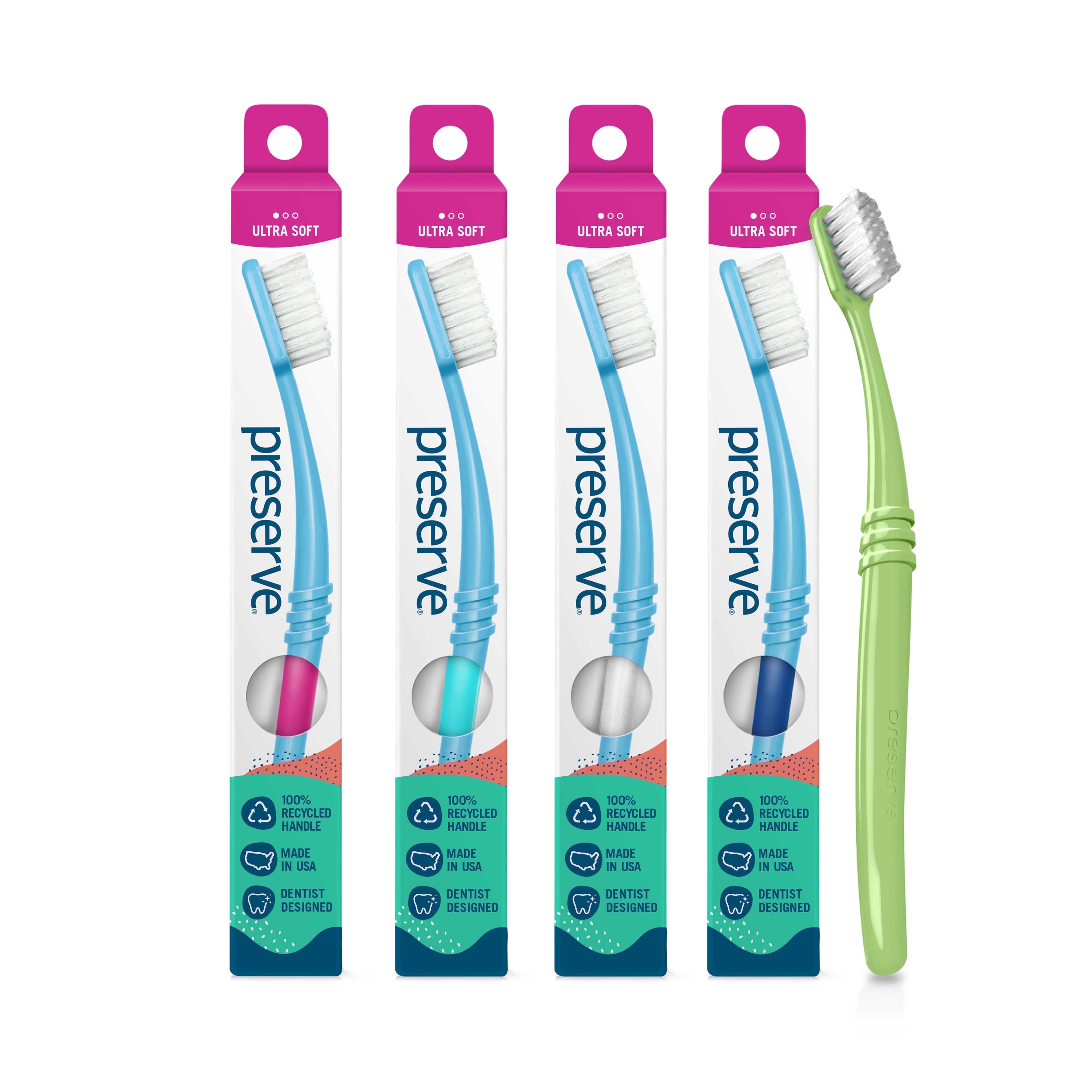 Preserve Eco-Friendly Adult Manual Toothbrush, Ultra Soft Bristles, Assorted Colors, 4 Pack