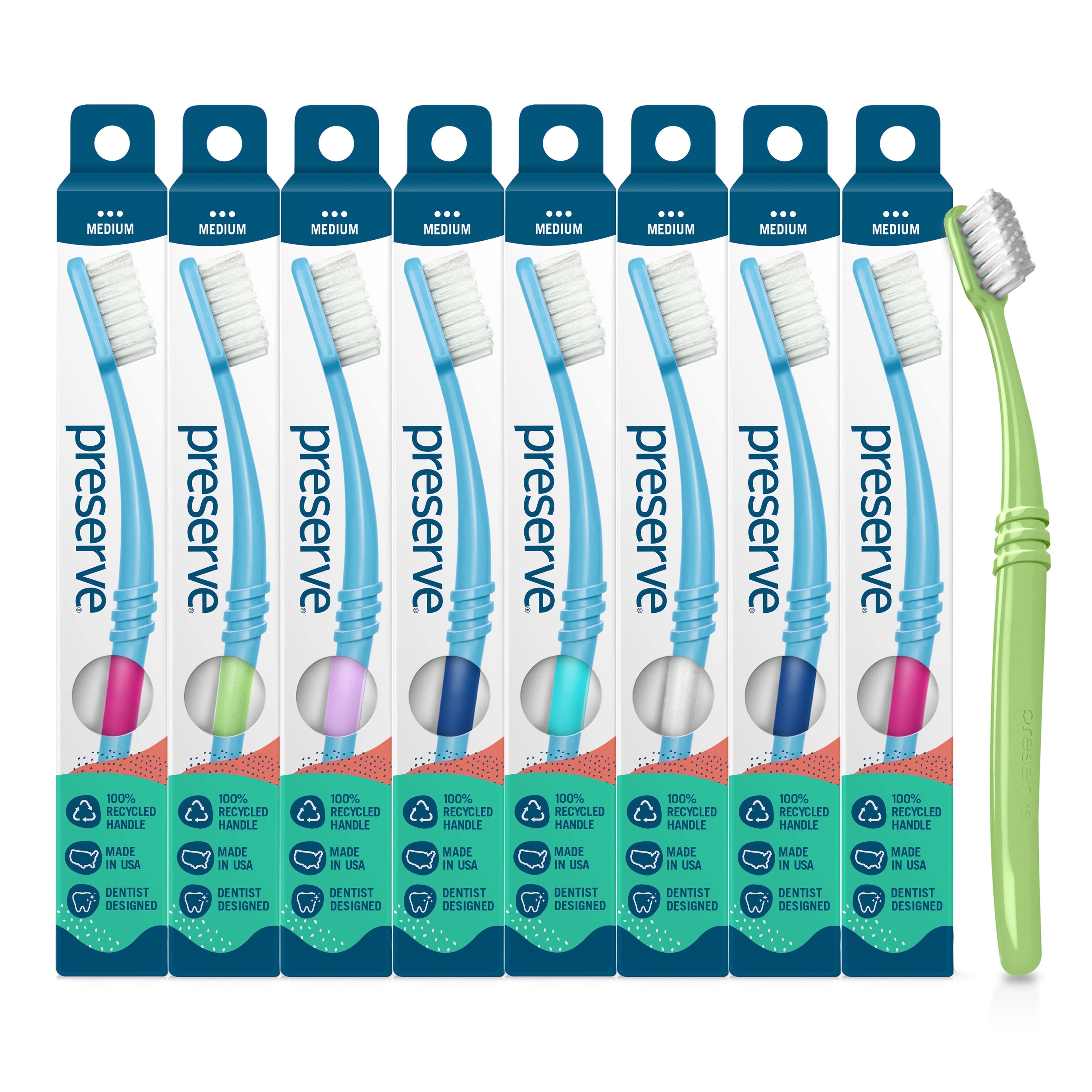 Preserve Eco-Friendly Adult Manual Toothbrush, Medium Bristles, Assorted Colors, 8 Pack