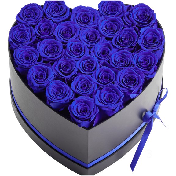 Preserved 27 Rose Floral Arrangement Heart Shaped Fiberboard Box Royal Blue Black Tabletop Home Decor