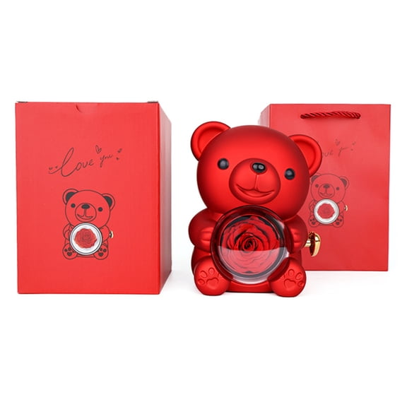 Preserved Artificial Rose Arrangement Real Touch Faux Roses for Vase Lasting Eternal Home Office Decor Romantic Gift Includes Gift Box Bear, Red