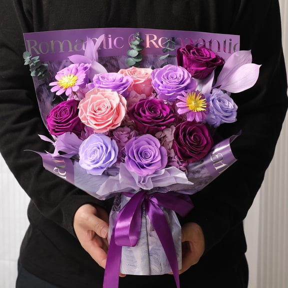 Preserved Bouquet 12 Mixed Lilac Roses for Birthday Gift