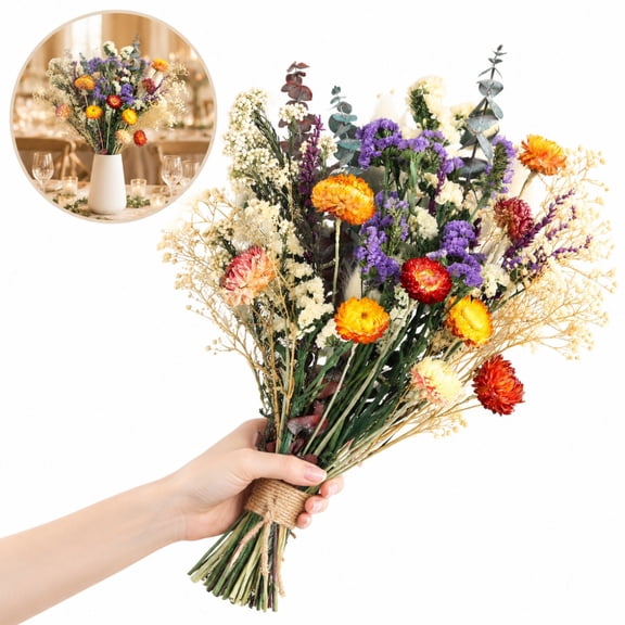 Preserved Dry Wildflower Bunch, Shunshunfu Boho Dried Floral Bundle, 17 inch Natural Air-Dried Flower Arrangement, Real Plant Material for Farmhouse Fall Wedding Table Accent, Multicolor