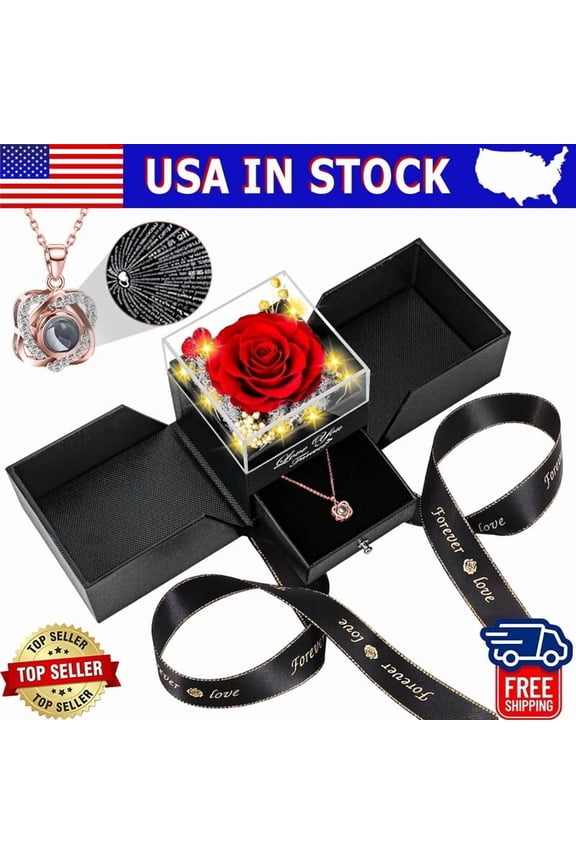 Preserved Eternal Rose Box with Hidden Necklace, Romantic Gifts for Her for Valentines, Anniversary, Mothers Day from Husband