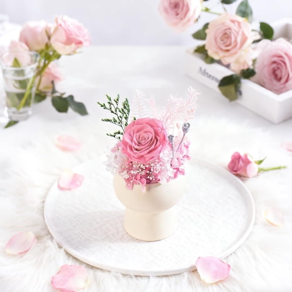 Preserved Floral  Set, Everlasting Rose in Small Ceramic Pot - Lasting Beauty for  Table Decor, Mother's Day, Valentine's Day, Birthday, and Anniversary ()