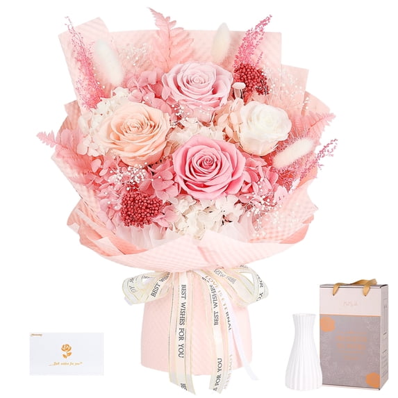 Preserved Flower Bouquet – Pink Roses & Flowers for Delivery, Real Long-Lasting Roses, Eternal Rose Set for Mother, Mom, Wife, Anniversary & Birthday Gifts for Women