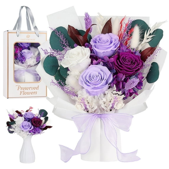 Preserved Flower Bouquet – Purple Roses & Flowers for Delivery, Real Long-Lasting Roses, Eternal Rose Set for Mother, Mom, Wife, Anniversary & Birthday Gifts for Women