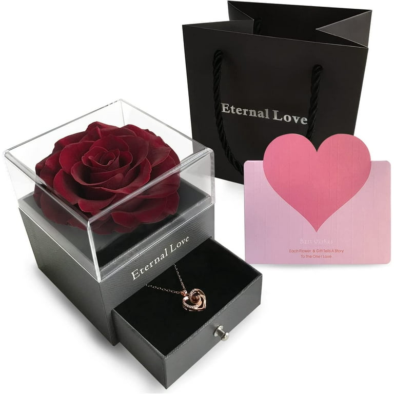Preserved Flower Rose with Love You Necklace in 100 Languages Gift