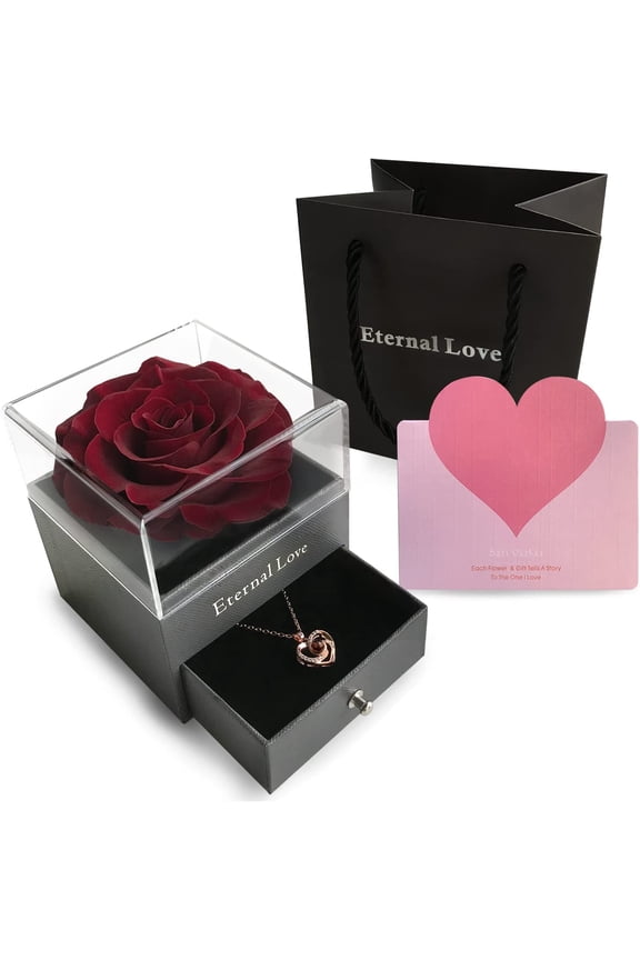 Preserved Flower Rose with Love You Necklace in 100 Languages Gift for Her, Enchanted Real Rose Flower Valentine's Mother's Day Anniversary Wedding Romantic Gift for Girlfriend Wife Mom