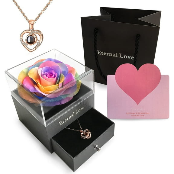 Preserved Flower Rose with Love You Necklace in 100 Languages Gift for Her, Enchanted Real Rose Flower Valentine's Mother's Day Anniversary Wedding Romantic Gift for Girlfriend Wife Mom