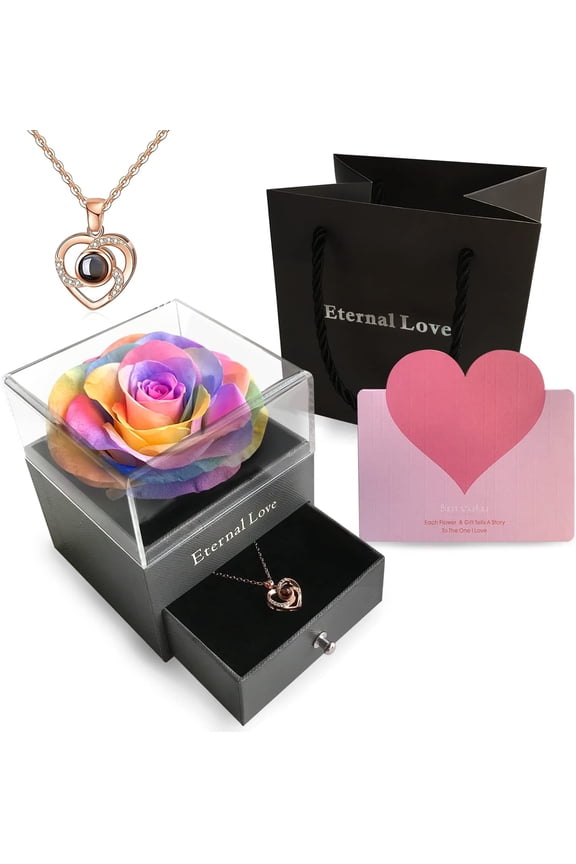 Preserved Flower Rose with Love You Necklace in 100 Languages Gift for Her, Enchanted Real Rose Flower Valentine's Mother's Day Anniversary Wedding Romantic Gift for Girlfriend Wife Mom