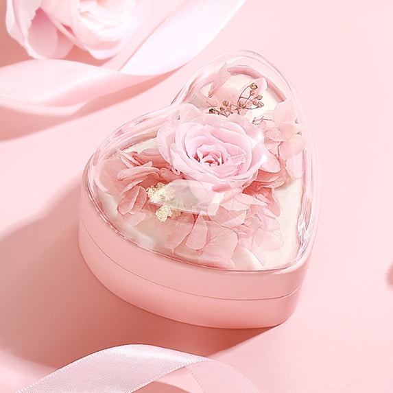 Preserved Flower Rose Ring Box, Heart Shape Velvet Jewelry Box for Valentine's Day Mother's Day Wedding Anniversary Birthday Gift