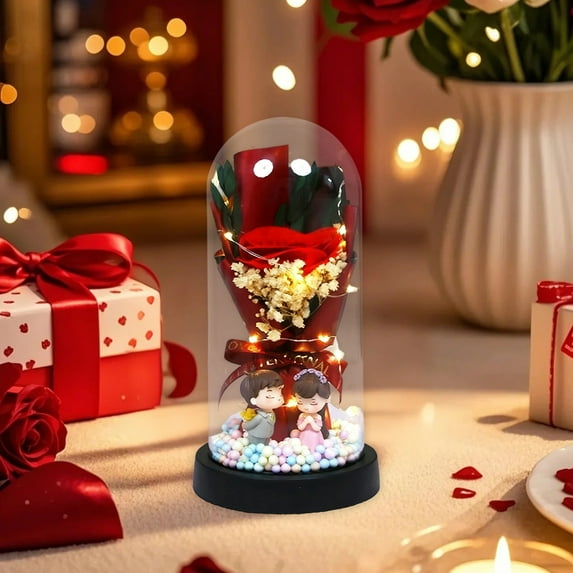 Preserved Flowers Bouquet Gifts with LED Lights and Statues, Eternal Rose Flower Glass Dome Bouquet Gifts for Valentine's Day Anniversary Birthday for Girlfriend Wife