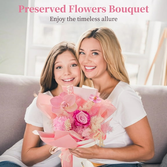 Preserved Flowers Bouquet for Women, Eternal Flower Bouquet in Present Box, Real Dried Rose for Valentine's, Birthday, Graduation, Pink-White Mix with Card