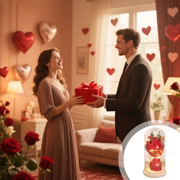 Preserved Flowers in Glass Dome,Artificial Rose Bouquet with Light, Eternal Rose for Women,Wife,Mom,Grandma as Anniversary Birthday Valentine's Day Mother's Day